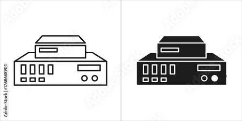Electronic device icon, black and white line art and solid silhouette