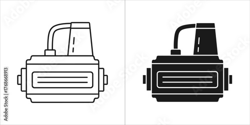 Industrial pump icon, black and white line art and solid silhouette