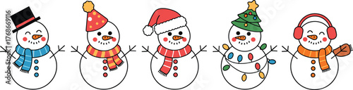 Christmas snowman collection, festive winter characters, holiday cartoon snowmen, cheerful decoration, seasonal illustration, cute design, colorful accessories, holiday celebration icons