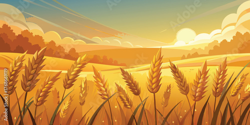 Golden wheat field under a vibrant sunset sky, a nature landscape of agriculture and summer harvest