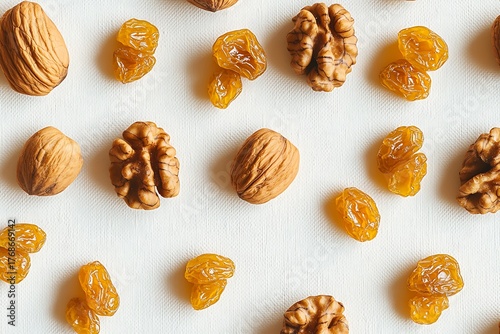 A precise geometric pattern made from walnuts and golden raisins, forming a tessellation on a white canvas.