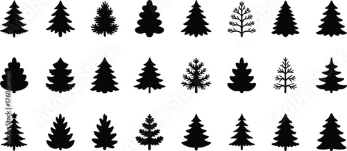 Christmas tree silhouettes, evergreen pine collection, festive holiday trees, winter forest design, black conifer shapes, seasonal decoration, woodland illustration, nature background