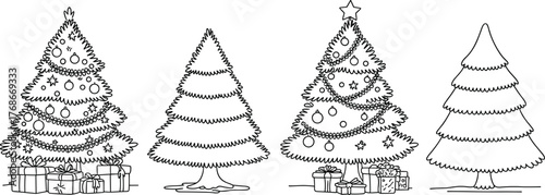 Christmas trees decorated and plain, festive ornaments, holiday gifts, seasonal pine, winter celebration, garlands and stars, cheerful holiday design, festive contrast