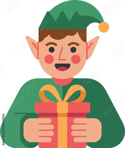 A christmas elf with a green hat holding a red gift box with a yellow ribbon on a white background