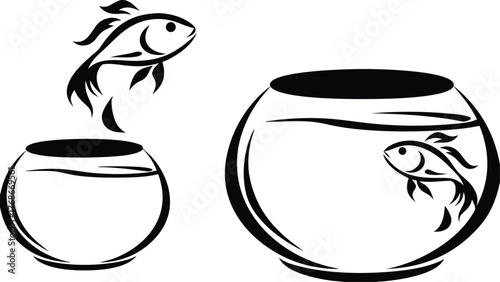 Stylized black fish gracefully leaping from a small simple bowl into a larger more spacious aquatic container symbolizing transition and growth