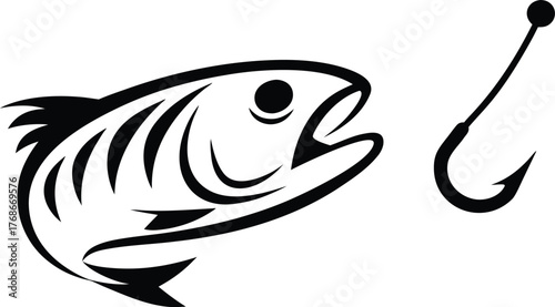 Stylized black fish leaping dynamically towards a sharp fishing hook against a clean white background symbolizing pursuit and angling