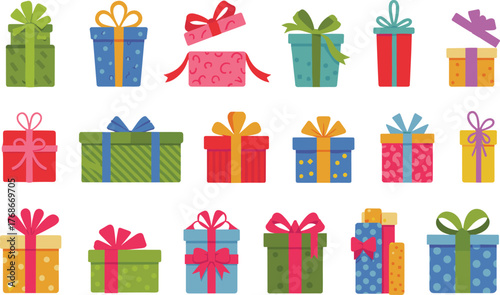 Colorful gift box collection, festive holiday presents illustration, Christmas birthday celebration clipart, decorative wrapped package design, seasonal xmas artwork bundle