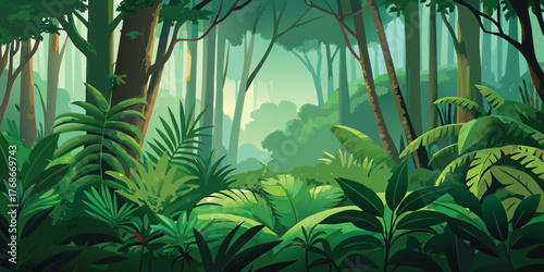 A tropical landscape of lush green forest and palm trees in the morning sun