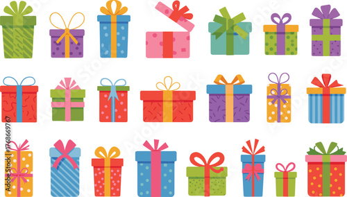 Colorful gift boxes collection, festive presents with ribbons, holiday celebration packages, birthday party decorations, Christmas wrapping designs, seasonal surprise illustration set