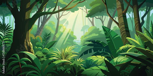 Lush tropical jungle landscape with bright green palm trees and leaves under a summer sky