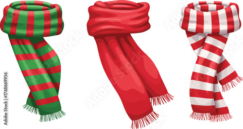 Festive winter scarves, red green checkered, solid red, candy cane striped, cozy holiday fashion accessories, Christmas clothing, seasonal warm knitwear design