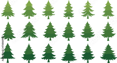 Evergreen tree collection, Christmas pine silhouettes, festive holiday trees, winter forest design, green conifer illustration, seasonal decoration, nature pattern, woodland background