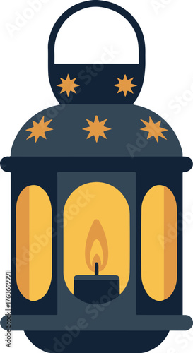 Illustration of a dark blue lantern with yellow stars and a lit candle on a light beige background