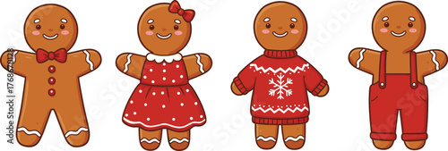 Gingerbread cookies, festive holiday characters, Christmas decorations, sweet treats, winter celebration, traditional dessert, cute cartoon style, seasonal bakery art