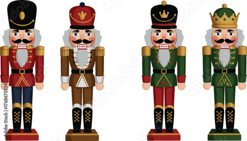 Nutcracker figurines set, traditional Christmas decoration, festive holiday soldiers, colorful uniforms, seasonal decor, wooden toy figures, cheerful holiday design, Christmas classic