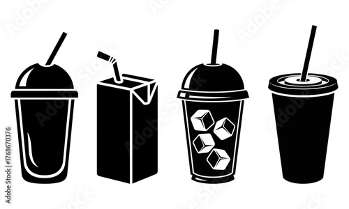 Collection of black and white silhouette icons showing different types of take-out beverage containers and drinks