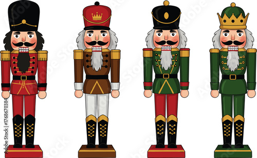 Nutcracker figurines set, traditional Christmas decoration, festive holiday soldiers, colorful uniforms, seasonal decor, wooden toy figures, cheerful holiday design
