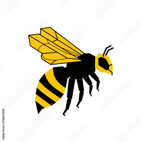 Geometric bee illustration, abstract yellow and black wasp icon, modern insect graphic design element, stylized honeybee vector art.