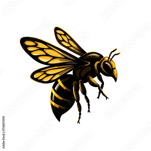 Stylized golden bee or wasp illustration flying, vibrant insect vector graphic for nature, honey, or warning designs, isolated on white background.