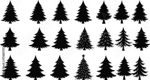 Pine tree silhouettes, Christmas trees, winter forest design, holiday decoration, evergreen icons, seasonal nature art, festive woodland, black silhouette collection