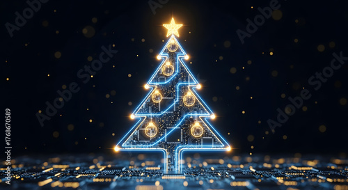Christmas tree made of glowing digital lines and circuits