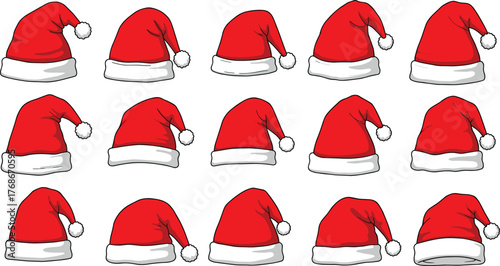 Red Santa hats collection, festive Christmas clipart, holiday decoration set, winter celebration design, seasonal illustration bundle, merry xmas accessories pack