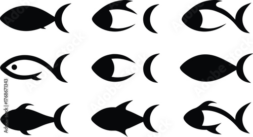 Collection of nine minimalist black stylized fish illustrations on a clean white background perfect for aquatic themes and marine life designs