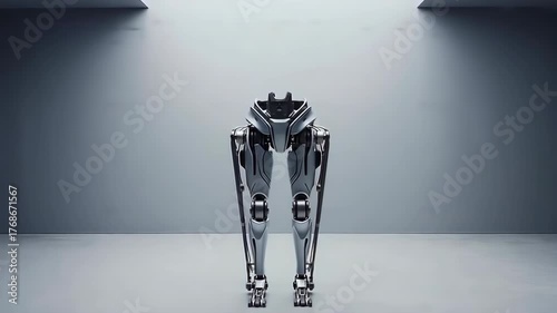 Futuristic robotic legs in a stark, minimalistic setting, designed with sleek metallic elements