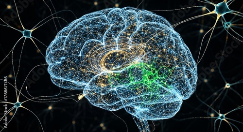 Digital illustration of a human brain with glowing interconnected neurons and synapses representing intelligence and thought.