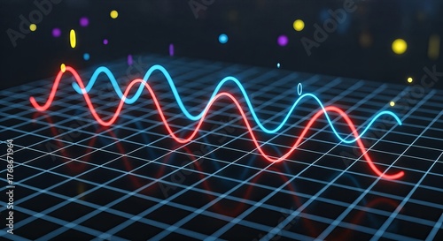 Abstract visualization of two glowing sine waves on a grid, representing data or sound.