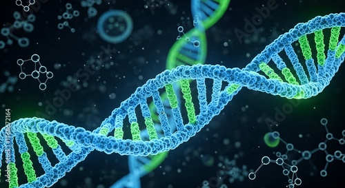 A close-up, detailed 3D rendering of a DNA double helix structure with molecular elements in the background.