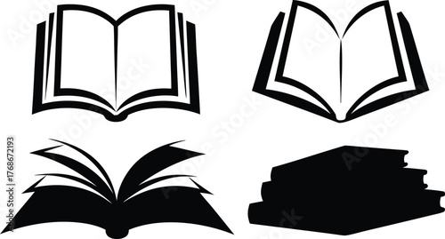 Stylized collection of black and white book icons representing education knowledge learning and academic concepts for graphic design projects