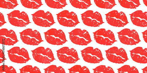 Seamless pattern of red lipstick kiss marks on a white background