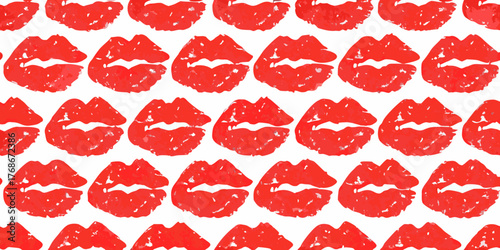 Seamless pattern of red lipstick kiss marks on a white background