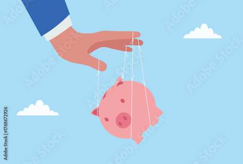 Vector illustration of a large hand controlling a piggy bank like a puppet with strings, symbolizing financial manipulation, money control, or influence over personal savings and investments
