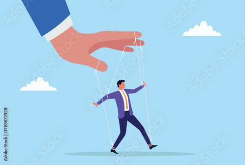 Vector illustration of a businessman being controlled like a puppet on strings by a large hand, symbolizing manipulation, control, influence, lack of freedom, and power dominance in business
