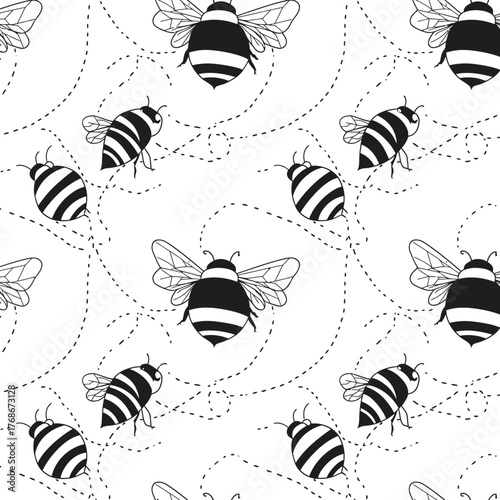 Black and white seamless pattern of cartoon bees with dotted flight paths on a light backdrop, ideal for fabric, wallpaper, or digital designs.