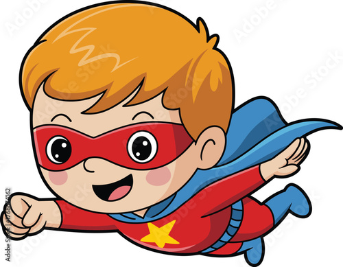 Cartoon superhero child flying, red costume, yellow star, blue cape, cheerful expression, vector illustration, kids character, comic style, digital art