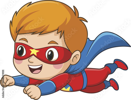 Cartoon superhero child flying, red mask, blue cape, cheerful expression, vector illustration, kids character, playful pose, comic style, digital art