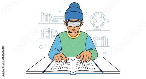 A young person with visual impairment reads a Braille book using their fingers, set against a library background.