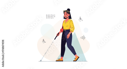 Vector illustration of a young blind woman with a white cane walking, symbolizing independence and accessibility for people with disabilities.