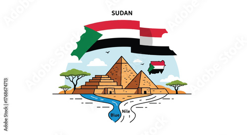 A vector illustration of Sudan featuring the Meroë pyramids, the Nile River, and the national flag.