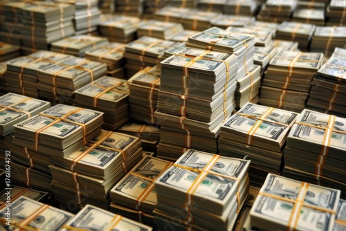 Bundles of one hundred dollar bills are stacked and tied with bands, creating a massive pile of cash
