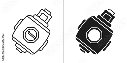 Two icons of a camera lens adapter, one in outline and one in silhouette