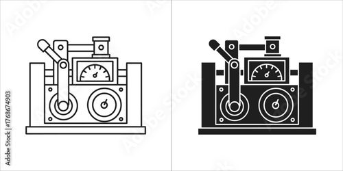 Two icons of a mechanical device with gauges and levers, one in outline and one in solid black