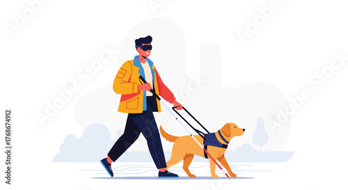 A visually impaired man wearing sunglasses and holding a white cane walks with his golden retriever guide dog.