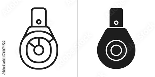 Two icons of a pulley, one outlined and one solid black