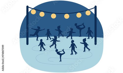 A group of people skating on an ice rink at night