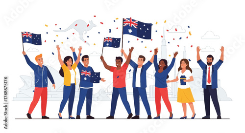 A diverse group of happy people celebrating a national event, waving Australian flags under falling confetti.