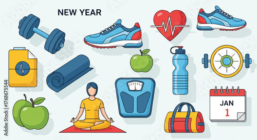 New Year's resolution concept illustrated with various fitness, health, and wellness icons.